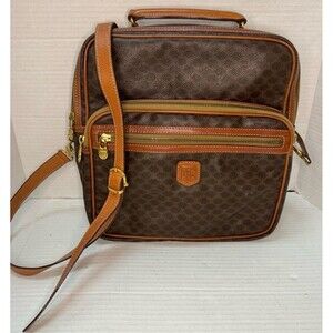 Vintage 90s  Celine Macadam Canvas Messenger Shoulder Bag Satchel Leather Purse